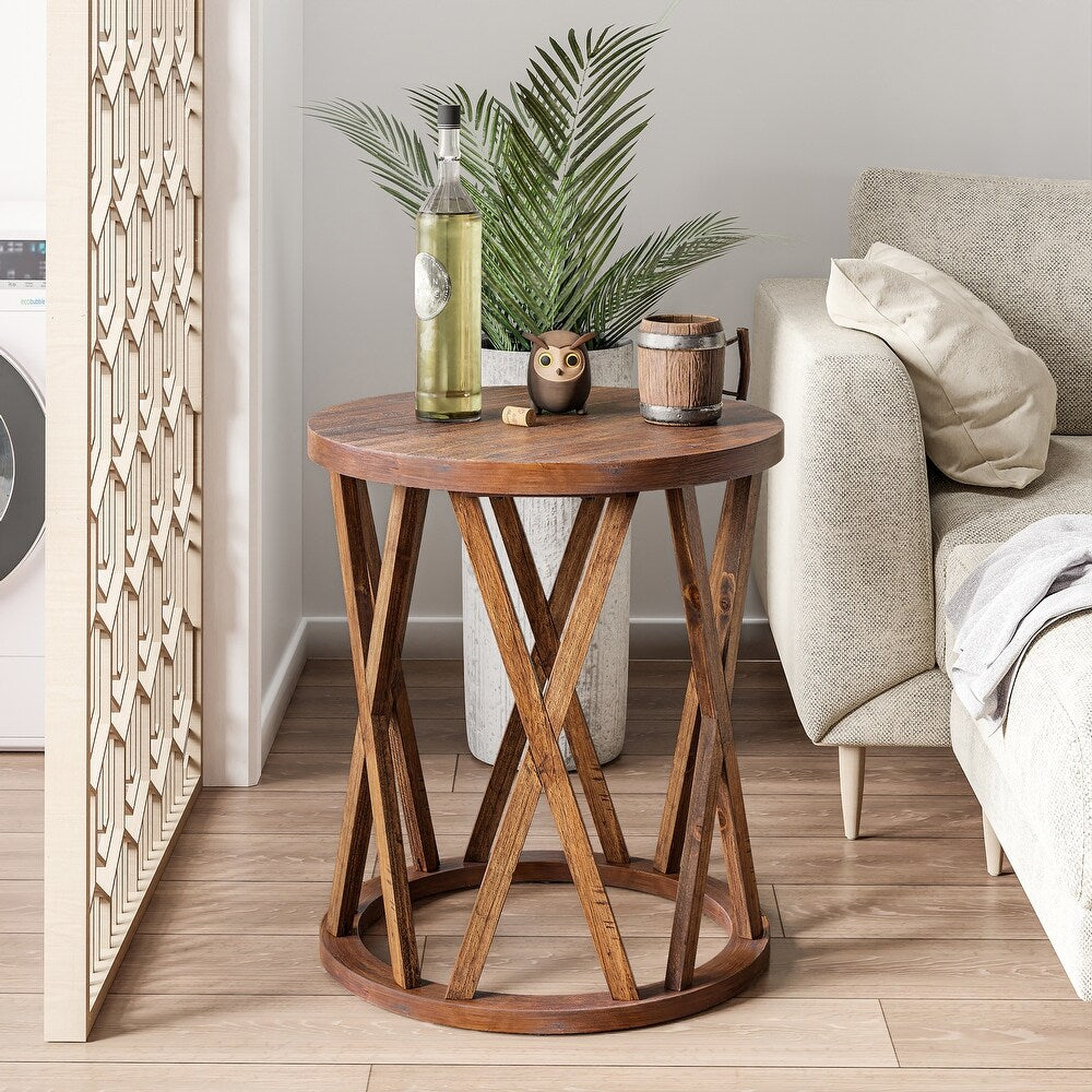 Rustikaler runder Beistelltisch im Boho-Stil